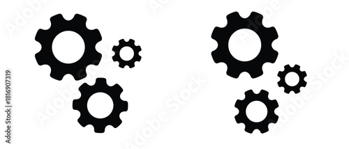 Two sets of three black gear icons, representing settings or mechanics, isolated on white background.