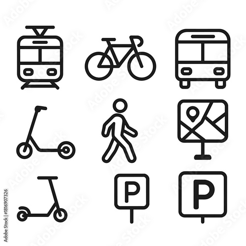 City Transport Icons. City Transport Network linear icon set. tram, bicycle, bus, metro, map sign, electric scooter, pedestrian, parking area
