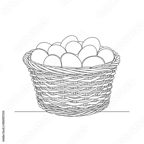 Hand drawn illustration of a woven basket filled with many white eggs