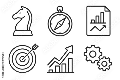 Strategic Icons Set. Strategic goals linear icon set. chess knight, compass, document chart, target board, growth arrow, gears.