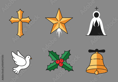 Collection of religious and Christmas flat vector icons including a cross, star, dove, and holly.