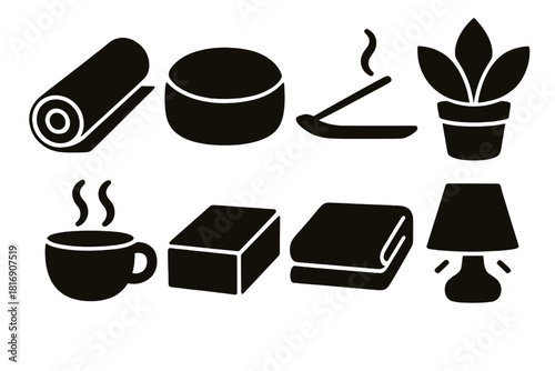 Brutalist Yoga Icons. Mindful Yoga Set silhouette icon set: yoga mat, cushion, incense, plant, cup, block, towel, light