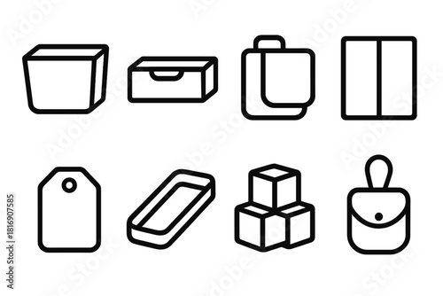 Smart Storage Icons. Small Storage Aids linear icon set: mini bin, slim drawer, clip-on pocket, divider tile, label tag, narrow tray, stack block, pouch loop