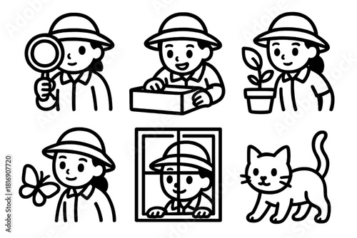 Outline Exploration Icons. Curious Explorers linear icon set: magnifying glass, box, plant, butterfly, window, tail up