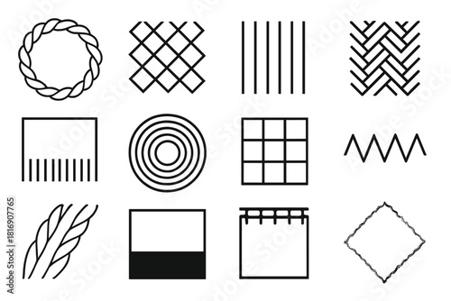 Textured Pattern Designs. Texture and patterns linear icon set: braided circle, diamond weave, stripe pattern, herringbone, fringe edge, round mat, square tile, zigzag line, fiber