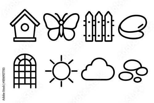 Garden Icon Collection. Garden Scenes linear icon set: birdhouse, butterfly, garden fence, stepping stone, trellis, sun disk, cloud, pebble cluster