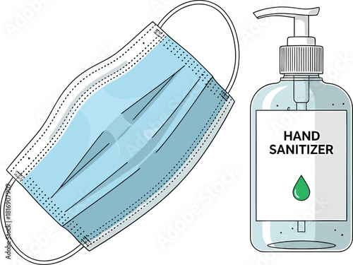Medical face mask and hand sanitizer bottle for hygiene and protection against viruses.