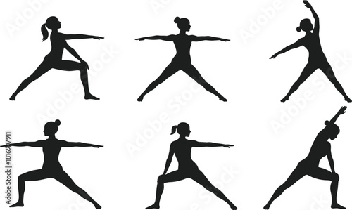 Strong Female Yoga Silhouettes in Warrior II, Extended Side Angle, and Star Poses, Illustrating Dynamic Fitness, Mindful Exercise, and Serene Wellness for Health and Balance