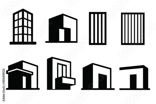 Modern Architectural Icons. Modern Minimalist Facades silhouette icon set. glass tower, concrete cube house, vertical windows, metal cladding, entry canopy, geometric balcony, flat