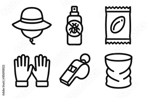 Outdoor Gear Icons. Outdoor Gear Essentials linear icon set: sun hat, insect repellent, snack pouch, gloves, emergency whistle, gaiter wrap