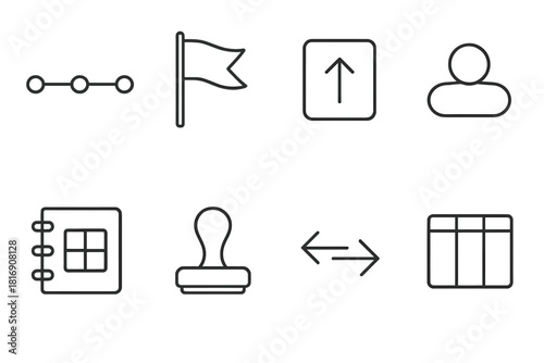 Structured Workflow Icons. Organized Work Processes linear icon set: segmented timeline, goal flag, action step box, role tag, planning notebook, approval stamp, coordination arrow