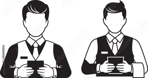 Two business professionals holding devices silhouette