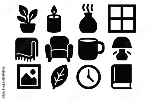 Mindful Home Icons. Mindful home silhouette icon set: house plant, candle, diffuser, window, blanket, chair, tea mug, book, soft light, framed art, leaf, clock