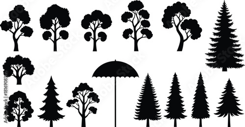 Vector tree silhouette collection set: natural black graphic elements, stylized park, forest plant icons, diverse shapes, coniferous, deciduous woods, umbrella stand,