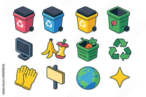 Waste Sorting Icons. Waste Sorting flat icon set: plastic bin, paper bin, metal bin, glass bin, compost bin, food waste, e-waste icon, recycling symbol, gloves, signboard, earth