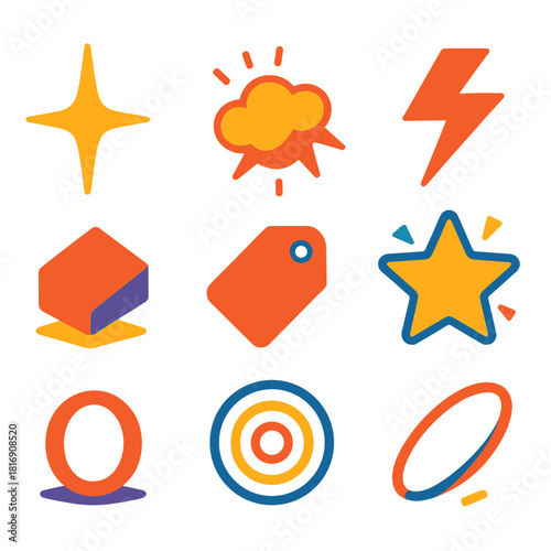 Vibrant Surprise Elements. Surprise Elements flat icon set: sudden flash, burst cloud, zigzag line, popping star, lifted shape, surprise tag, ripple ring, dynamic loop