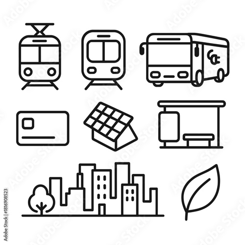 Eco Transit Icons. Eco Public Transit linear icon set. tram, metro train, electric bus, bus stop, ticket card, solar roof, city skyline, green leaf