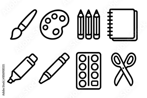Art Supplies Icons. Art & Creativity linear icon set. paintbrush, palette, colored pencils, sketchbook, marker, crayon, watercolor set, scissors
