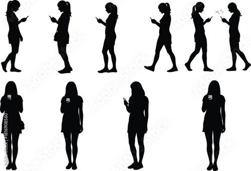 📱 Smartphone Obsession: Silhouettes of Young Women Engaged with Mobile Technology, Texting, and Social Media Dependence in Everyday Life, Isolated Vector Collection