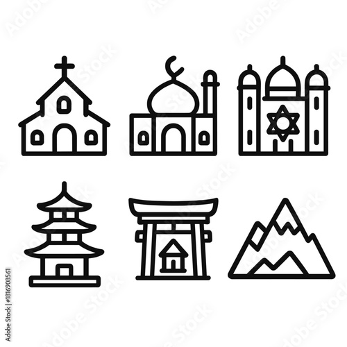 Black Line Worship Icons. Places of Worship linear icon set: church, mosque, synagogue, pagoda, shrine, mountain