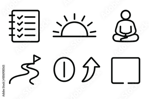 Life Balance Icons. Life Balance Set linear icon set: planner page, sunrise arc, restful cloud, mindful pause, guided path, clarity line, uplift arrow, open space symbol