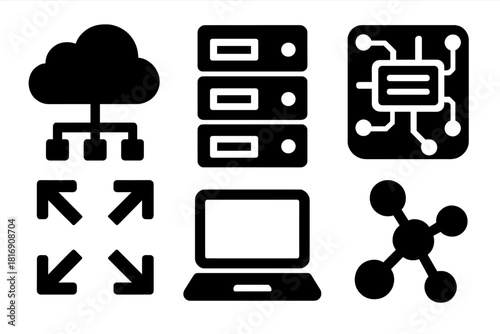 Brutalist Tech Icons. Tech scalability silhouette icon set. cloud, server, circuit board, arrows expanding, laptop, data nodes.