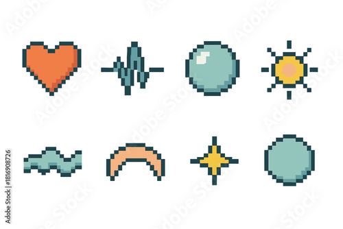 Emotional Rejuvenation Icons. Emotional Rejuvenation Symbols pixel style icon set: uplifted heart, soothing pulse, reflective bubble, warm light, quiet breath line, tender arc