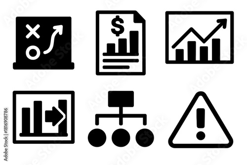Business Icon Set. Business Decision Support silhouette icon set. strategy board, financial report, forecast model, comparison chart, scenario planning, risk analysis.