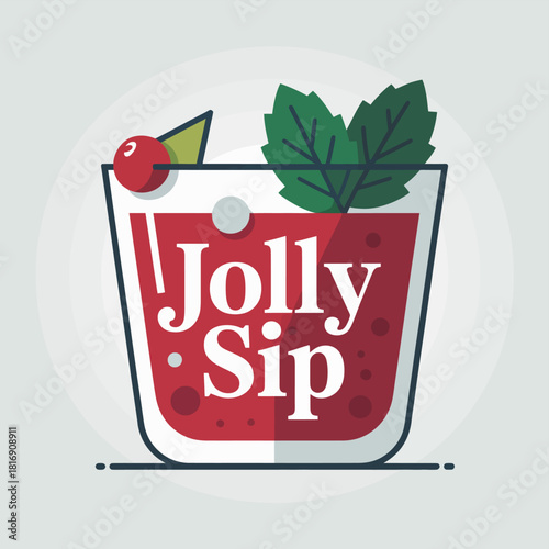 Jolly Sip Logo Vector Illustration. Modern Flat Design Icon for Festive Cocktail Bar Branding, Red Drink Menu Template with Mint and Cranberry.