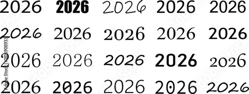 Happy New Year 2026 number collection. Happy New Year card, cover, poster. Vector illustration with labels, poster, flyer, banner. Modern design for calendar, invitations, greeting cards. Black 2026 t