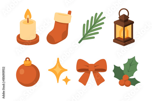 Cozy Holiday Mantle Icons. Cozy mantle flat icon set : glowing candle, hanging stocking, pine branch, lantern, ornament ball, sparkle, ribbon, holly leaf