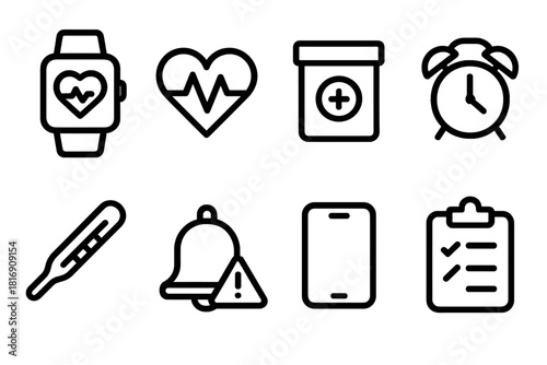 Health Monitoring Icons. Health Monitoring linear icon set: smartwatch, heart rate icon, medicine box, reminder clock, thermometer, alert bell, phone, clipboard