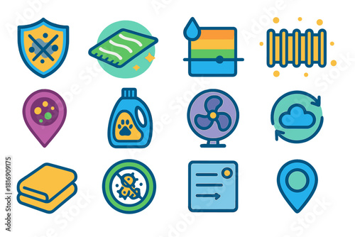 Allergy Reduction Icons. Indoor Allergy Reduction Elements flat icon set: dust blocker shield, clean rug icon, humidity control bar, pollen guard strip, allergen map point
