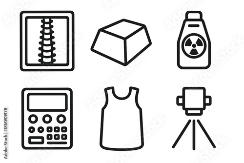 Radiology Tools Icons. Spine Imaging Tools Set linear icon set: x-ray cassette, positioning block, radiation badge, control console, lead shield, imaging beam icon
