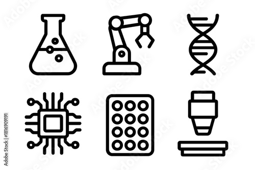 Biotech Icons Series. Biotech Innovation linear icon set. lab flask, robotic arm, gene sequence, circuit board, test plate, microscope lens
