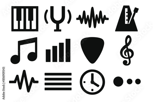 Brutalist Music Icons. Music Interval silhouette icon set: piano keys, tuning fork, sound wave, metronome, note pair, frequency bars, guitar pick, treble clef, pulse line, staff