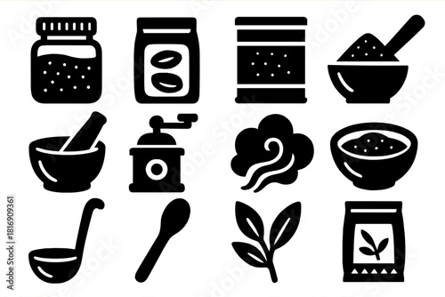 Warming Spice Icons. Warming Blends silhouette icon set. garam masala jar, chai masala mix, curry powder tin, spice scoop, mortar and pestle, spice grinder, aroma cloud, spice bowl