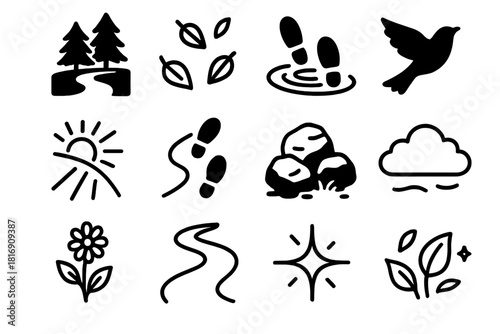 Nature Trail Icons. Nature Wander linear icon set: forest trail, scattered leaves, creek ripple, bird silhouette, sunlight beam, wandering steps, mossy stones, soft cloud
