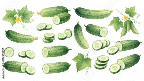 A collection of fresh green cucumber illustrations, showing whole vegetables, slices, and cross-sections with leaves and vines.