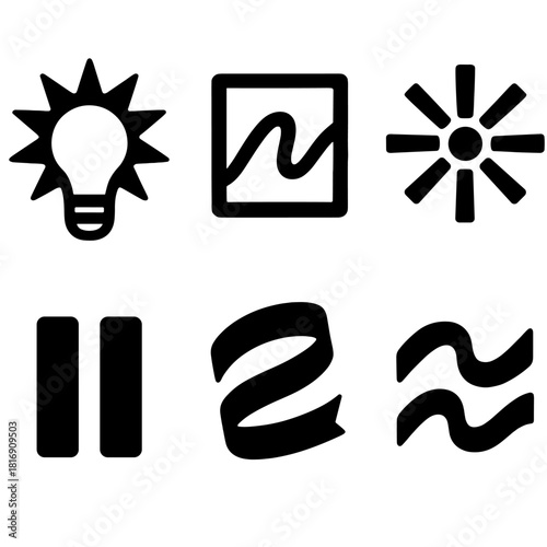 Bold Creative Icons. Creative Rhythms Set silhouette icon set: idea burst, sketch line, expression wave, inspiration spark, pause mark, flowing ribbon