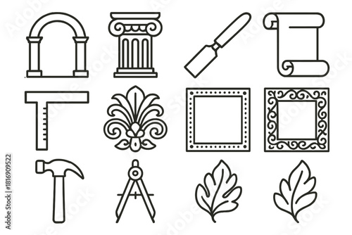 Historic Architectural Icons. Historic Detailing linear icon set: arch, column, plaster, scroll, chisel, ruler, floral ornament, frame, border, hammer, compass, leaf