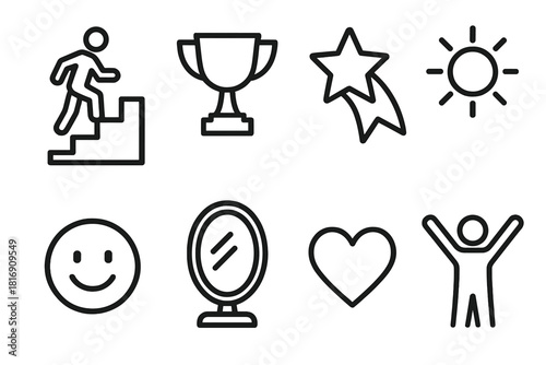 Empowerment Icon Journey. Empowerment Journey linear icon set: person on steps, trophy, star, smile, mirror, sun, heart, raised arms
