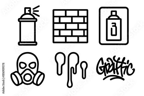 Graffiti Art Icons. Urban Expression linear icon set: spray can, brick wall, stencil, mask, paint drip, graffiti tag