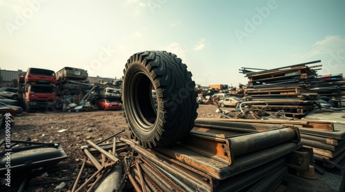 Industrial Tire Amidst Salvage: A weathered, robust tire stands prominently atop a pile of scrap metal and debris in an industrial salvage yard, with vehicles in the background.