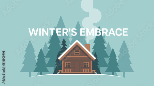 Flat Vector Illustration of a Cozy Wooden Cabin or Log House nestled in a Snowy Pine Forest. Winter Vacation, Holiday Retreat, or Christmas Home Background Design.