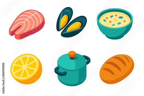 Nordic Seafood Icons. Nordic Coastal Chowders flat icons set. cod fillet, mussels, creamy soup, lemon slice, pot, bread roll
