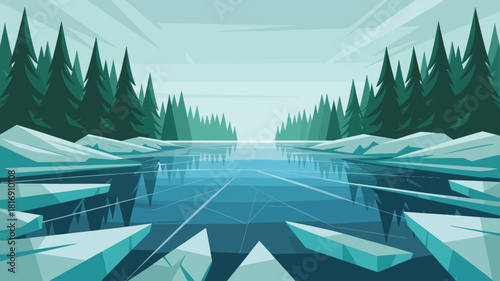 Vector Winter Landscape Background: Frozen Lake Surface and Cracked Ice Surrounded by Dense Evergreen Pine Forest, Cold Natural Wilderness Scene Illustration