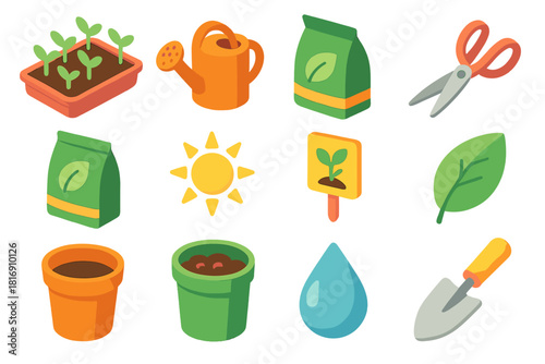Micro Farming Icon Set. Sustainable Micro Farming Icons flat icon set: tray of sprouts, watering can, soil bag, scissors, seed packet, sunlight, plant label, leaf, pot, compost