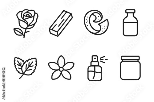 Botanical Aroma Icons. Botanical Scent Icons linear icon set: rose bloom, sandalwood stick, orange peel, oil vial, mint leaf, jasmine flower, aroma mist, glass jar