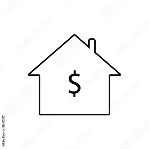 House outline with dollar sign icon for home finance and property value, isolated on white.